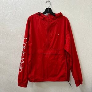 Calvin Klein CK Red Hooded Windbreaker Jacket Mens Lightweight Zip Up